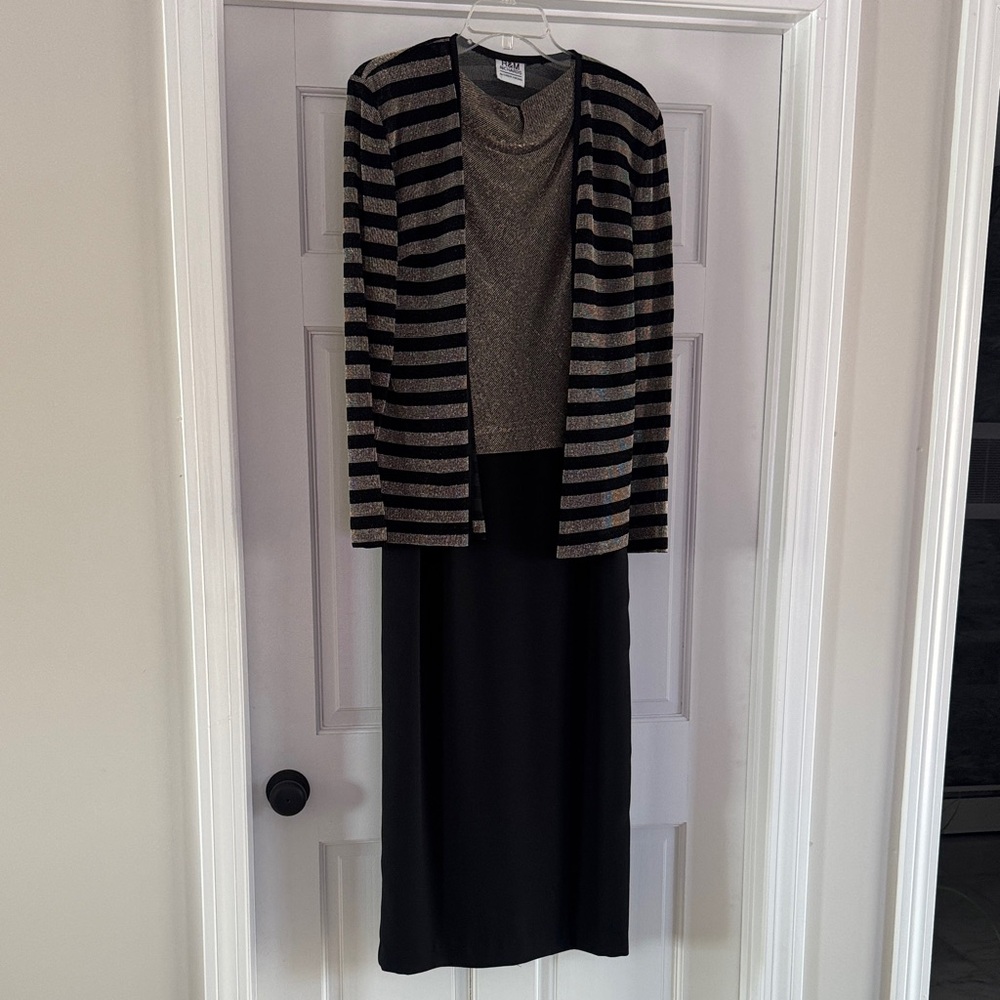 R&M Richard’s Sparkly Metallic Gold & Black Dress & Sparkly Striped Cardigan